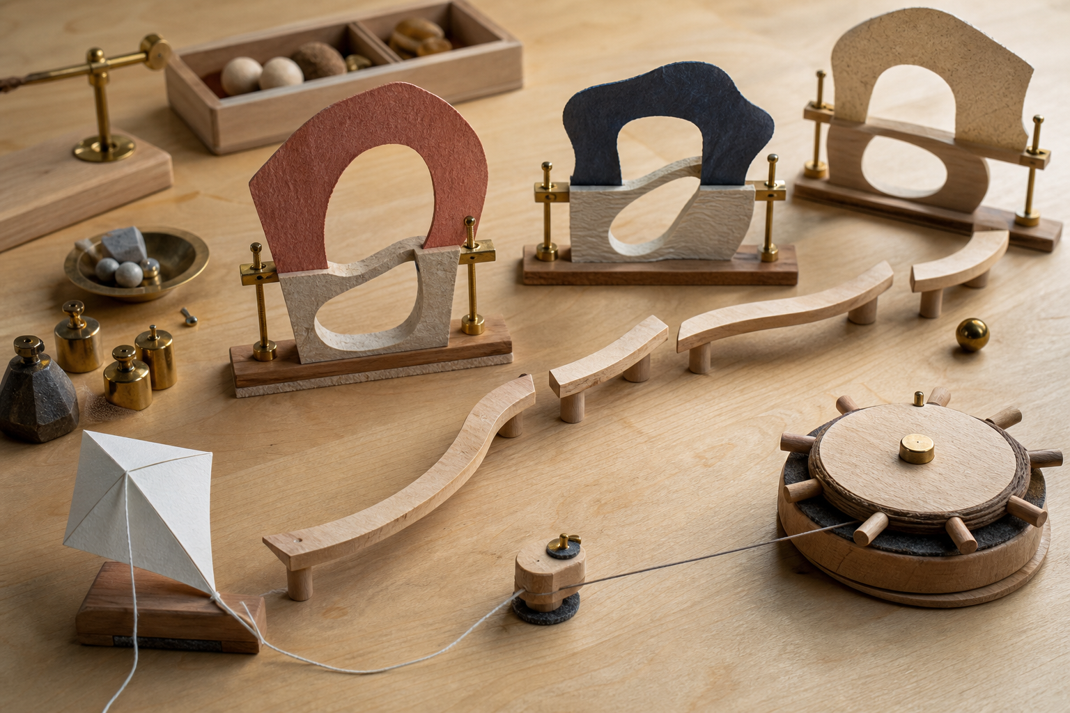 A physical tabletop motion study uses a folded-paper kite, curved trajectory markers, weights, adjustable gates, and a timing wheel