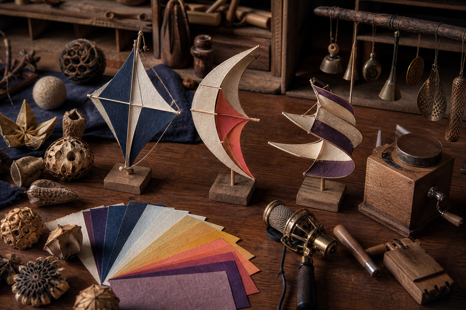 An artist workbench holds original kite silhouettes, seed-pod obstacle models, color swatches, chimes, and recording objects with no screens or text