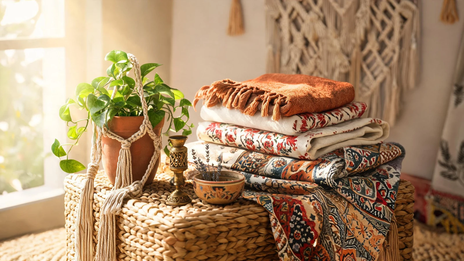 Create a cozy boho bedroom scene