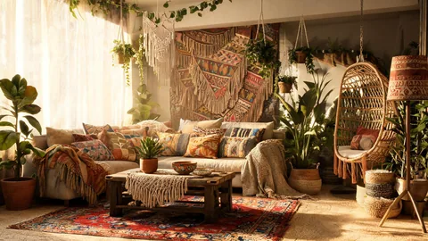 Create a bohemian outdoor patio visual