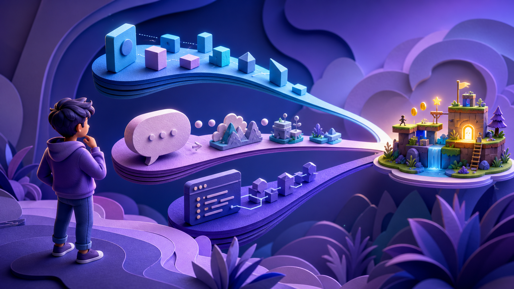 Three visual paths—no-code blocks, conversational AI, and browser code—lead to a small platform game world.