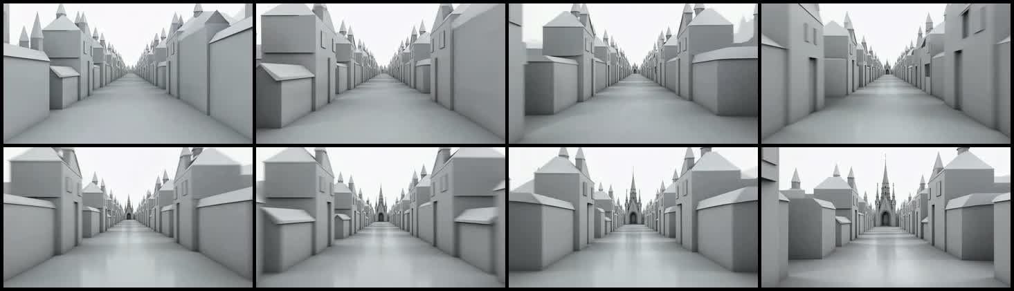 Eight camera views of an untextured graybox town used to test layout and movement