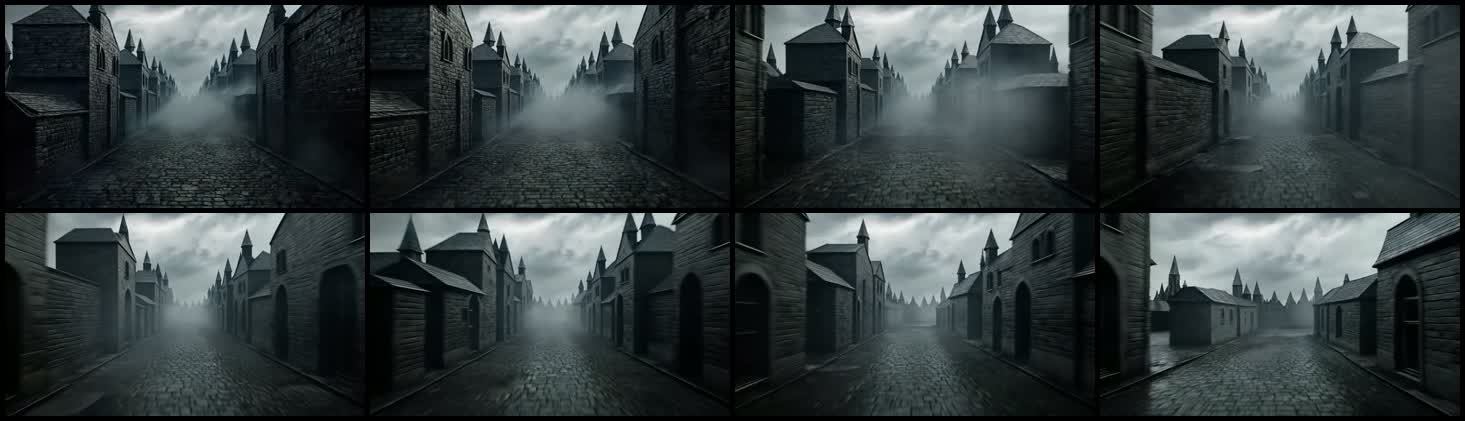 Eight rendered camera views of the same gothic town with materials, lighting, fog, and atmosphere