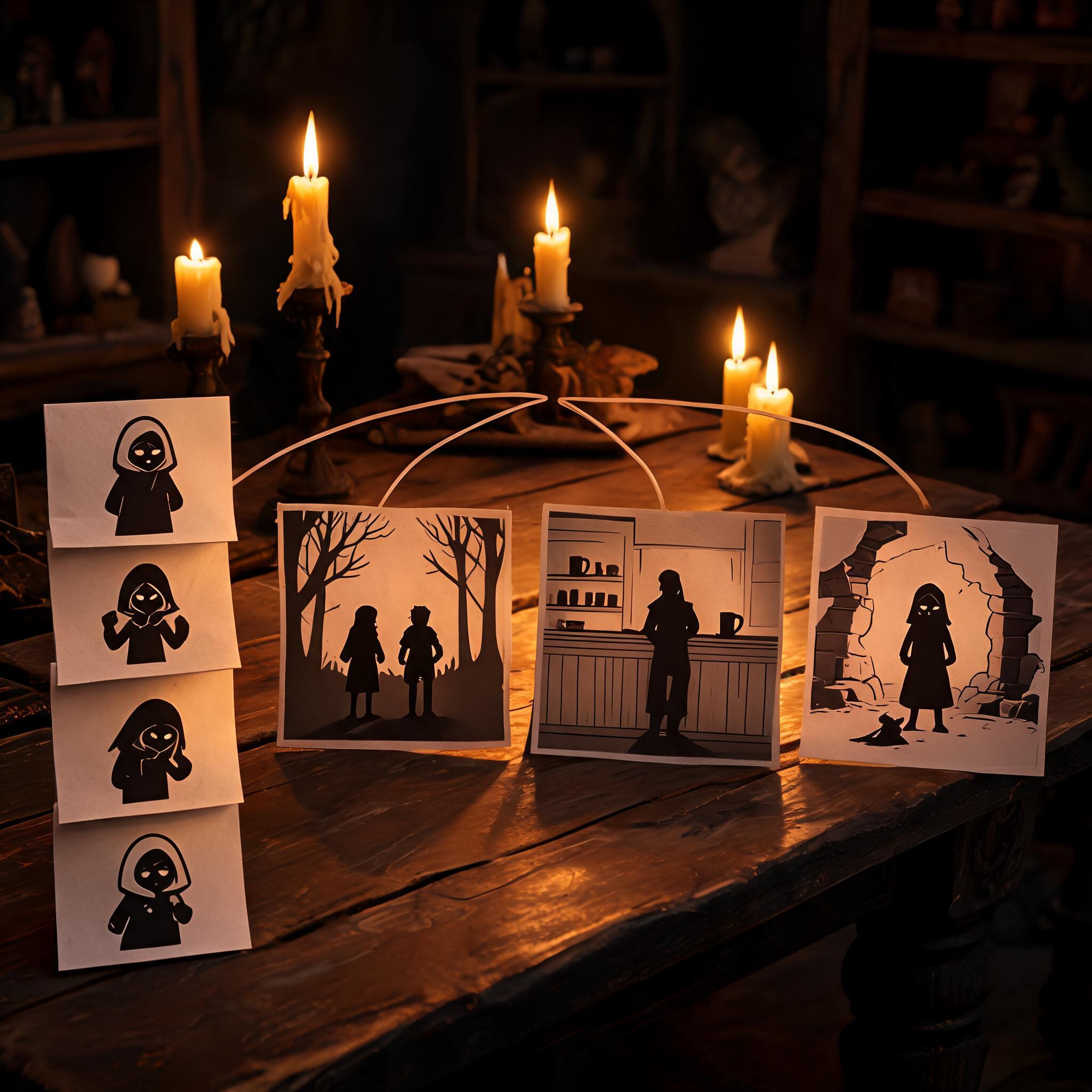 Candlelit character and scene cards used to compare tone, identity, and emotional direction for game dialogue.