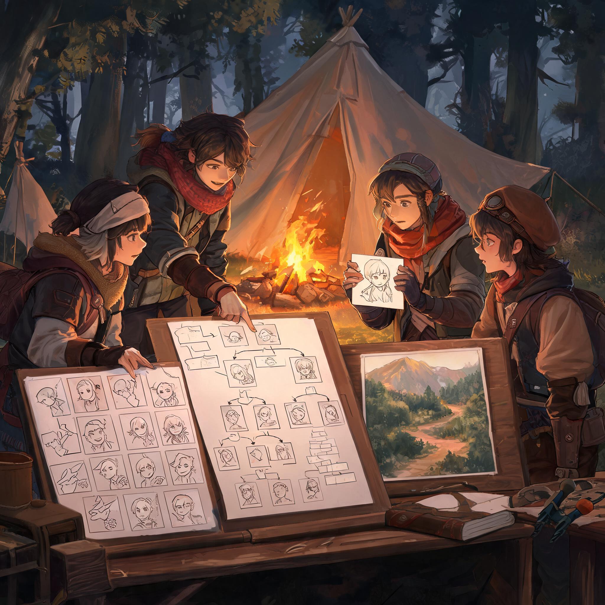 Game narrative team reviewing character sketches and scene boards around a campfire.