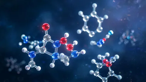 Wide-scene chemical structure 3d art visual with strong foreground and background separation