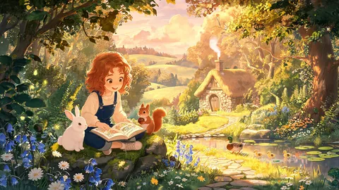 Wide-scene children's book illustrations visual with strong foreground and background separation