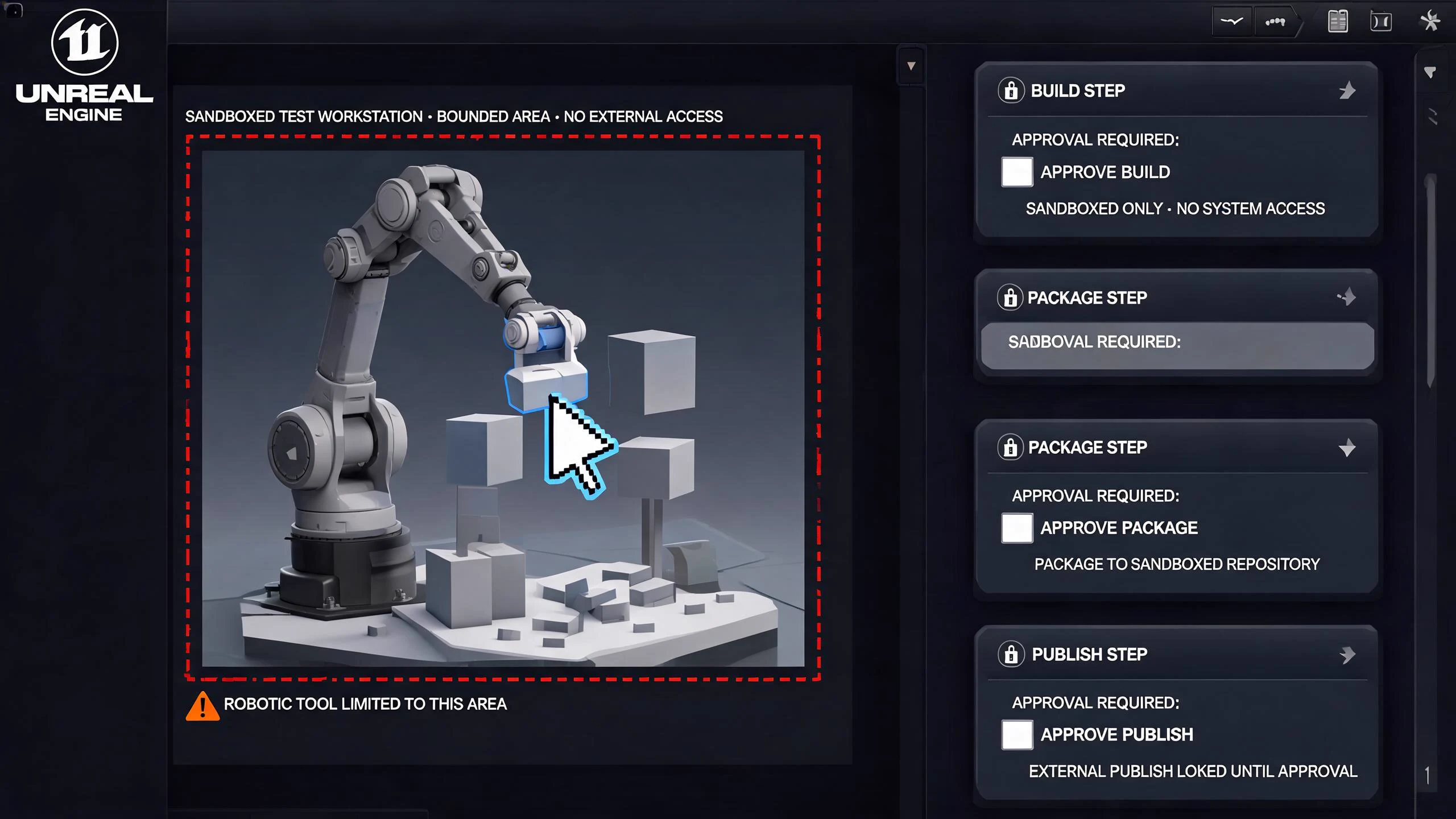 Seedream concept art of bounded editor automation protected by build, package, and publish approval gates