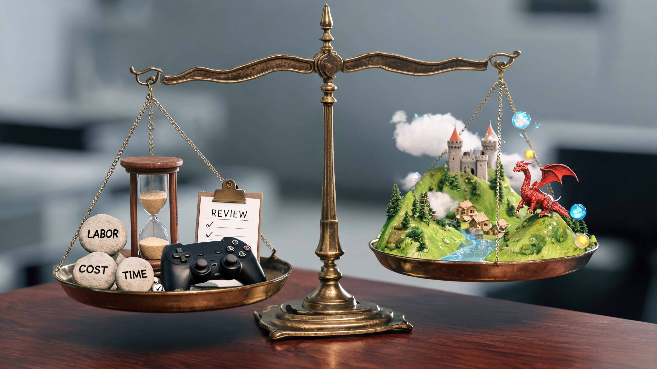 Seedream concept art of token, time, review, testing, and game-output costs balanced on a physical scale