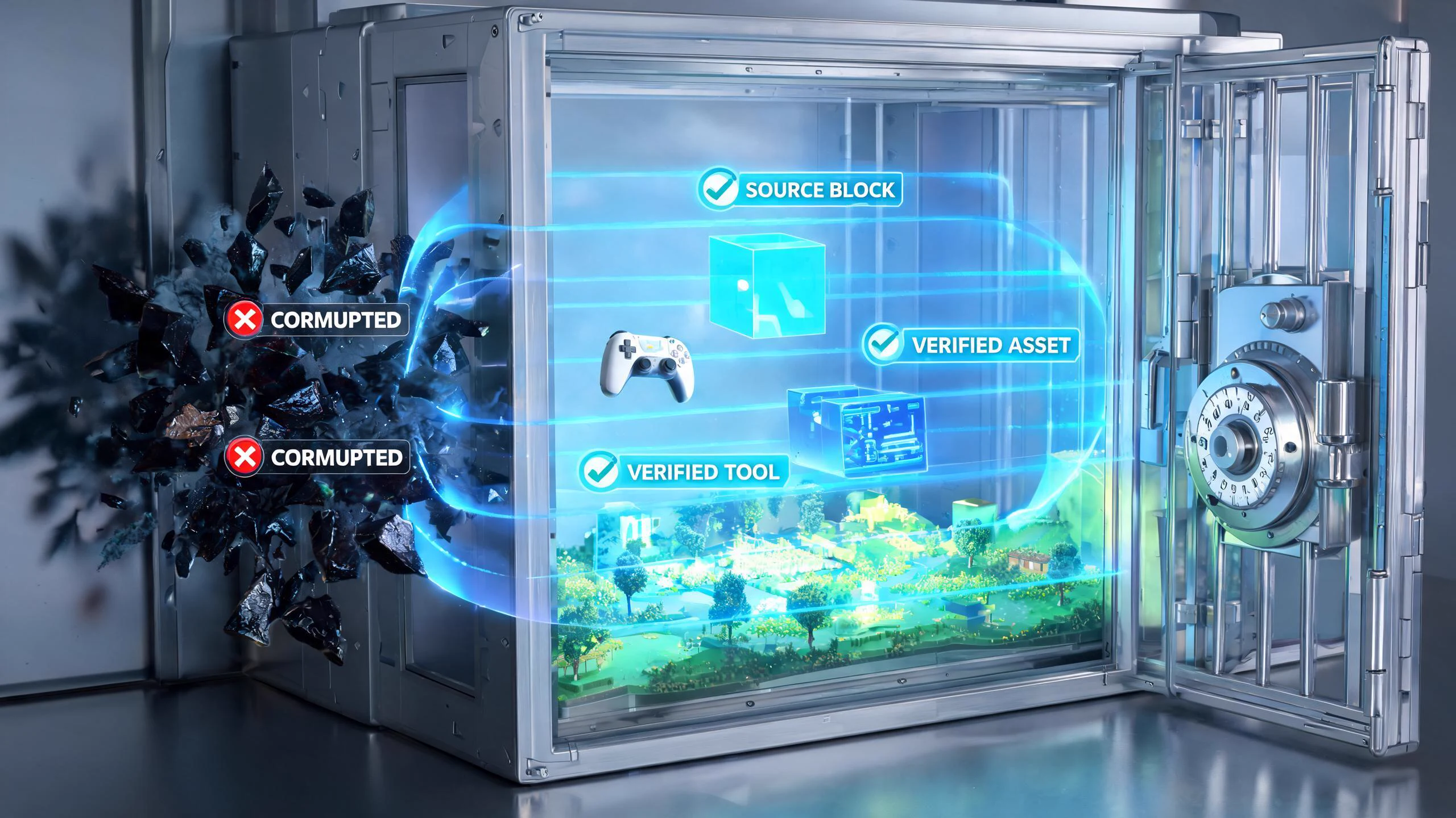 Seedream concept art of a miniature game world protected by layered security and trusted production paths