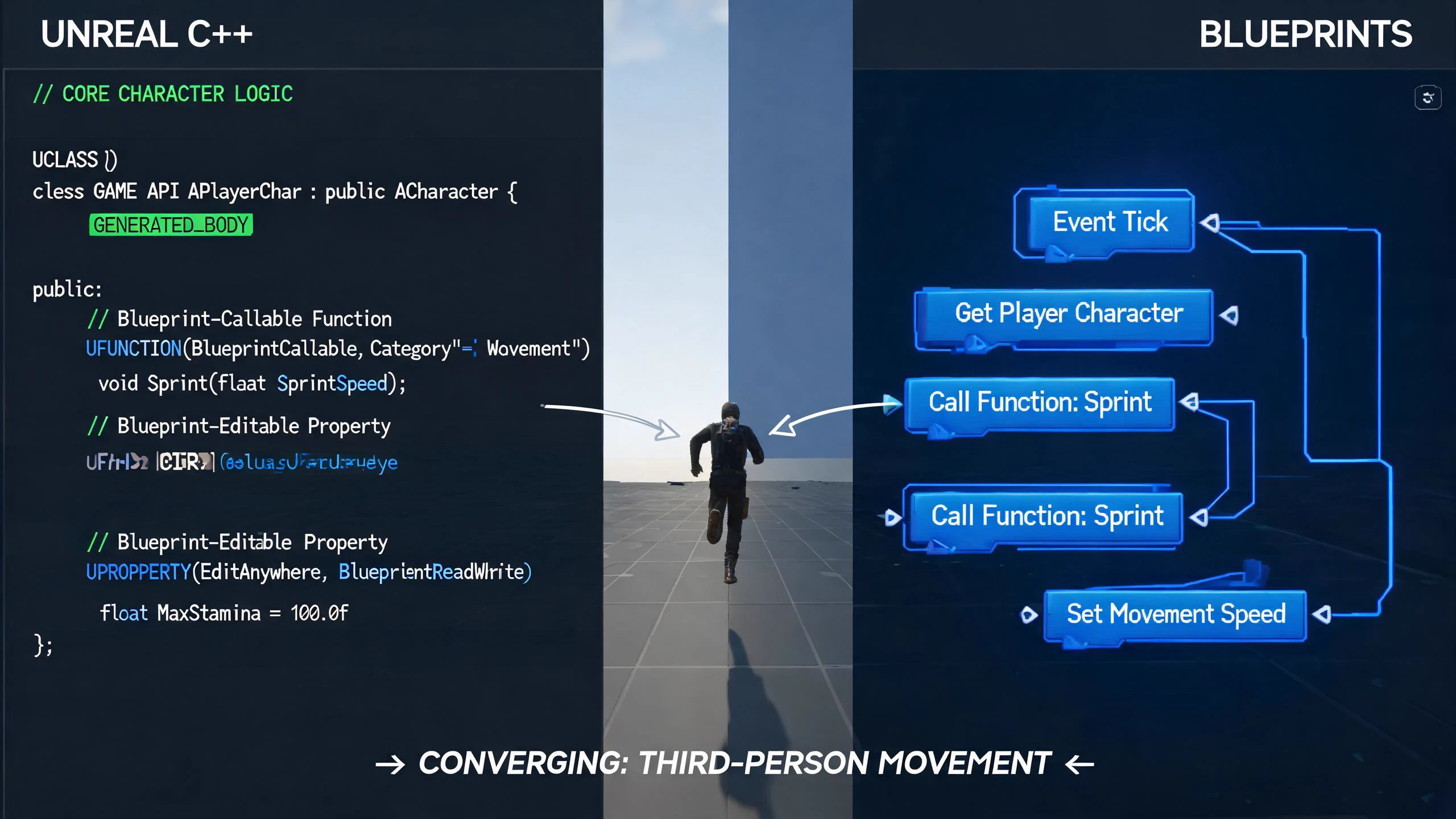 Seedream concept art of Unreal C++ structures and Blueprint-like nodes converging on a tested gameplay mechanic