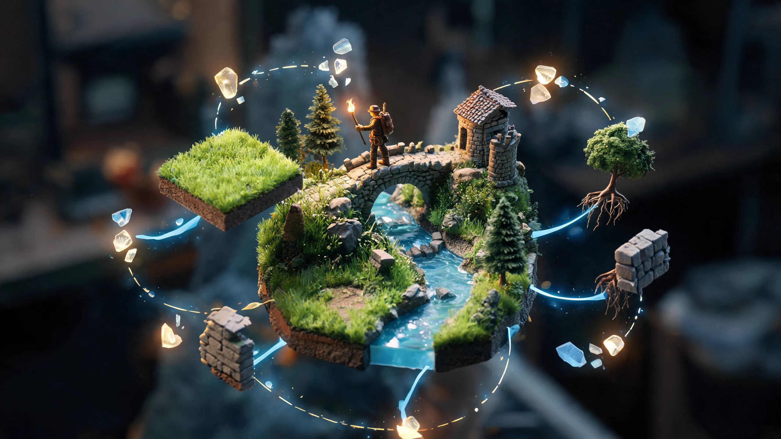Seedream concept art of an AI-assisted Unreal game world being assembled from modular production elements