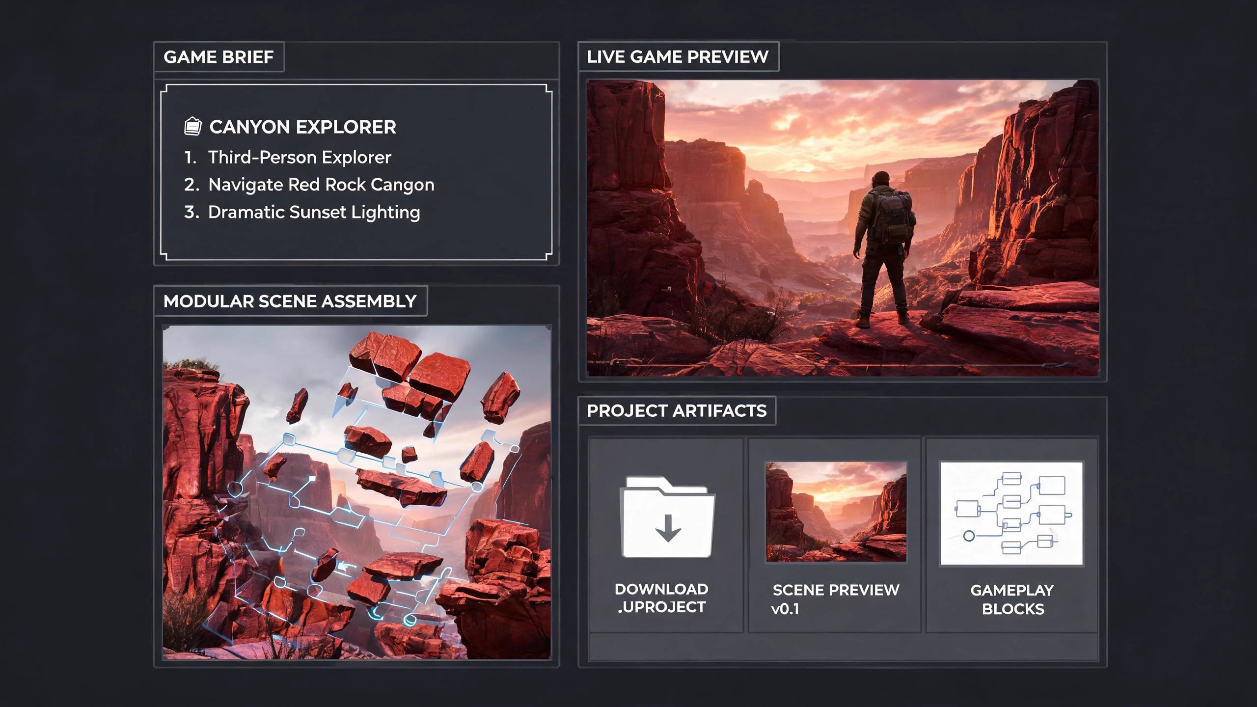 Seedream concept art of a third-person Unreal vertical slice moving from game brief to native project