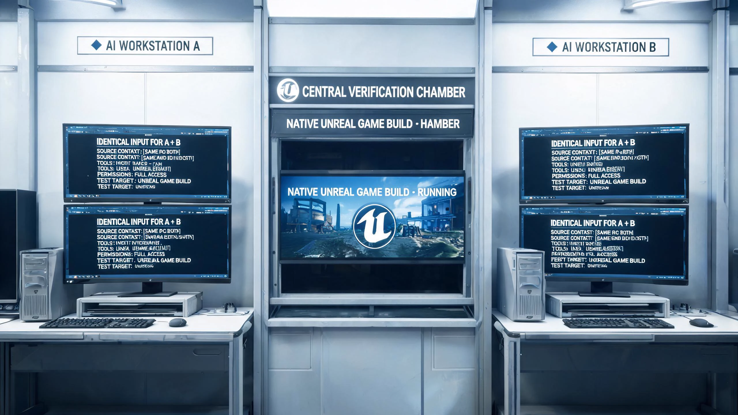 Seedream concept art of two balanced AI workstations evaluated against one central native Unreal build