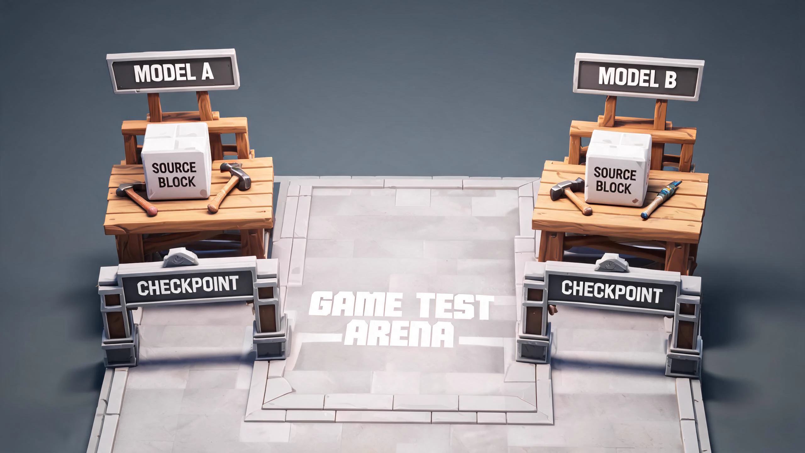 Seedream concept art of two neutral model-evaluation workbenches feeding identical Unreal test gates