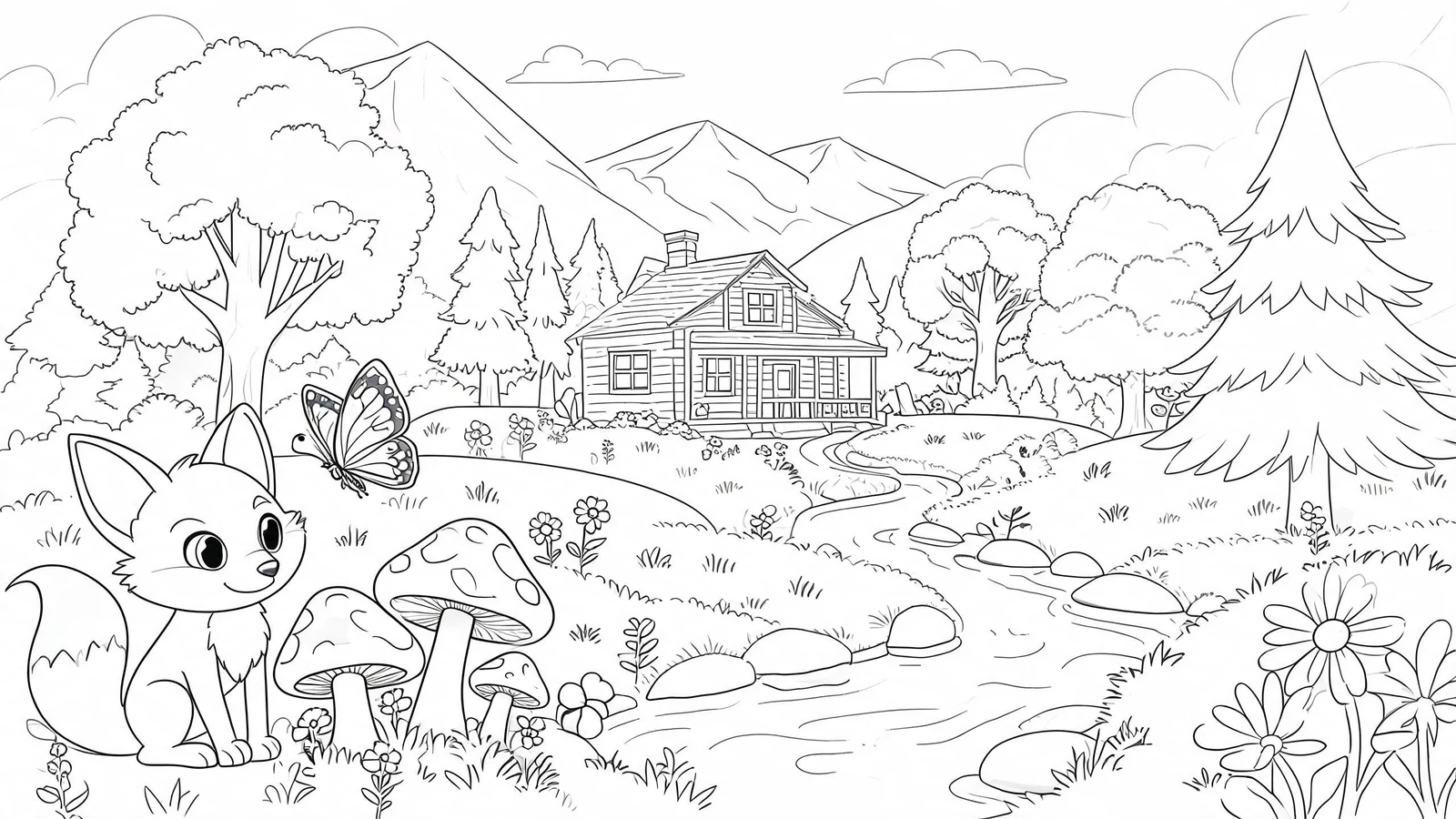 Wide-scene coloring book page outlines visual with strong foreground and background separation