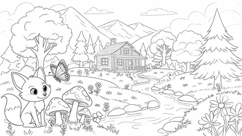 Wide-scene coloring book page outlines visual with strong foreground and background separation