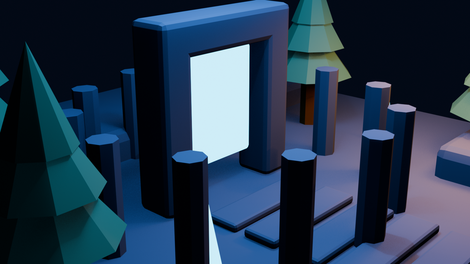 Alternate camera view of a generated 3D portal environment used to test layout readability