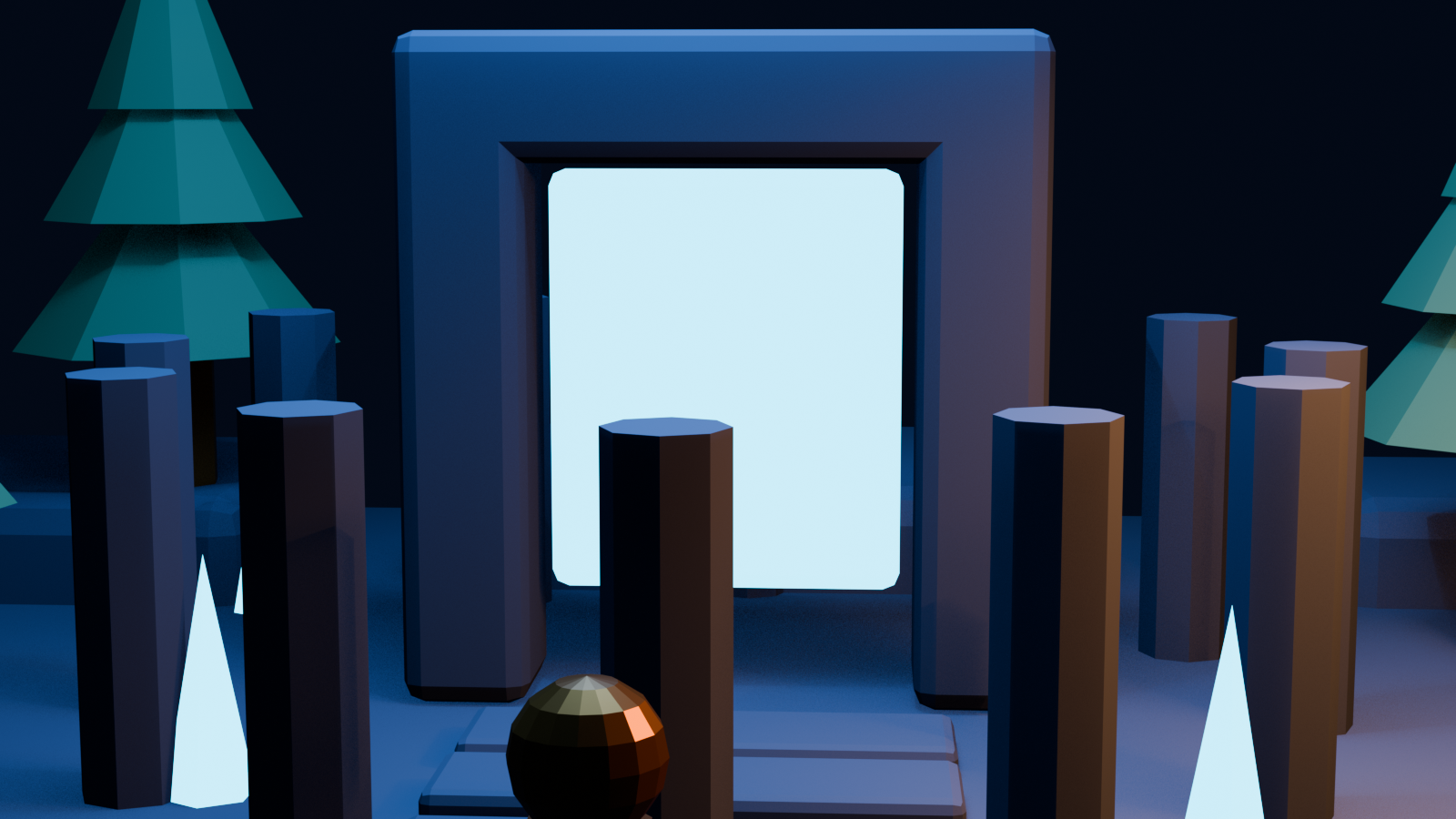 Player-height view toward a luminous portal in a generated 3D environment