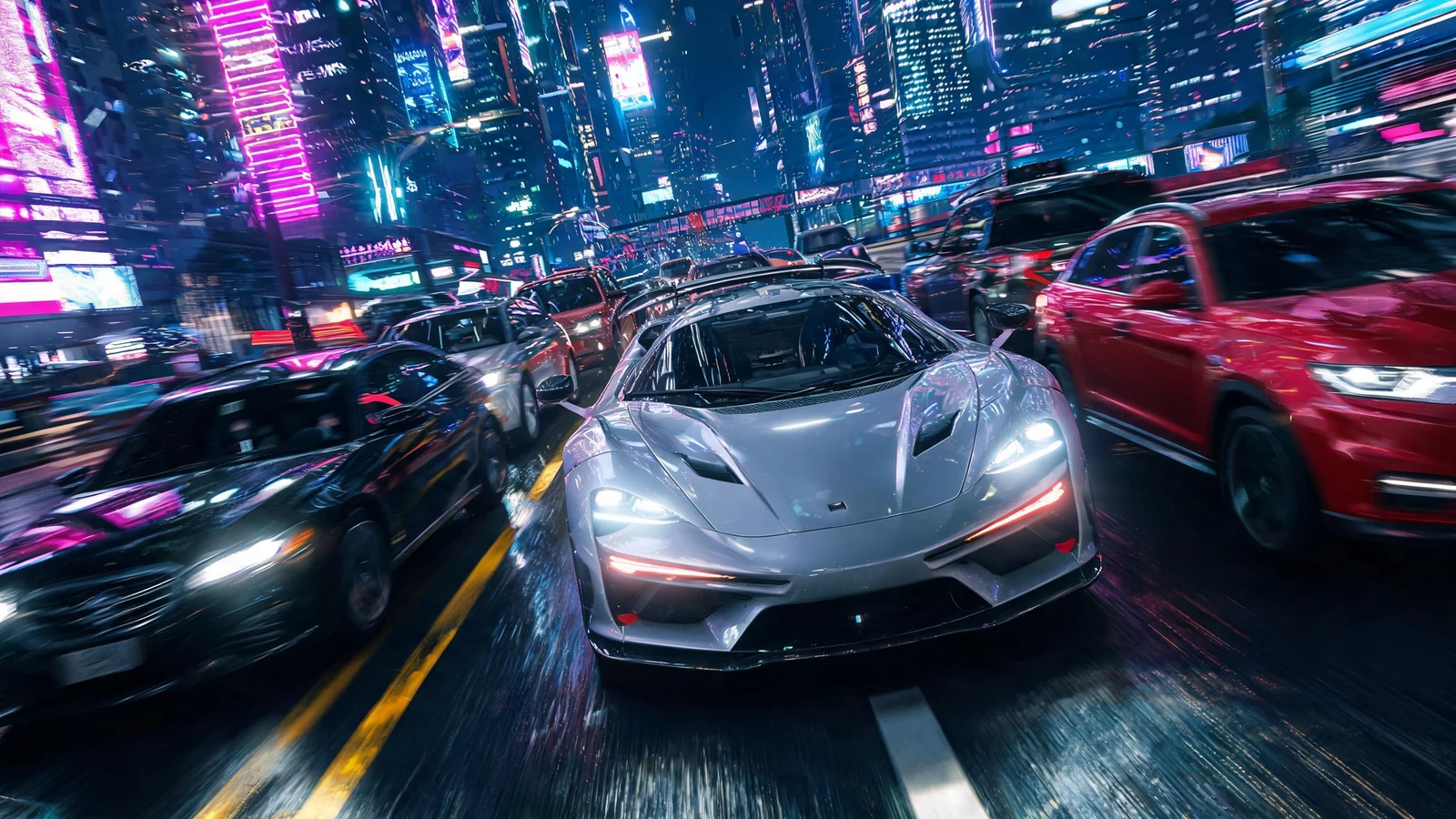 Traffic Racer record concept art showing a race car weaving through neon city traffic
