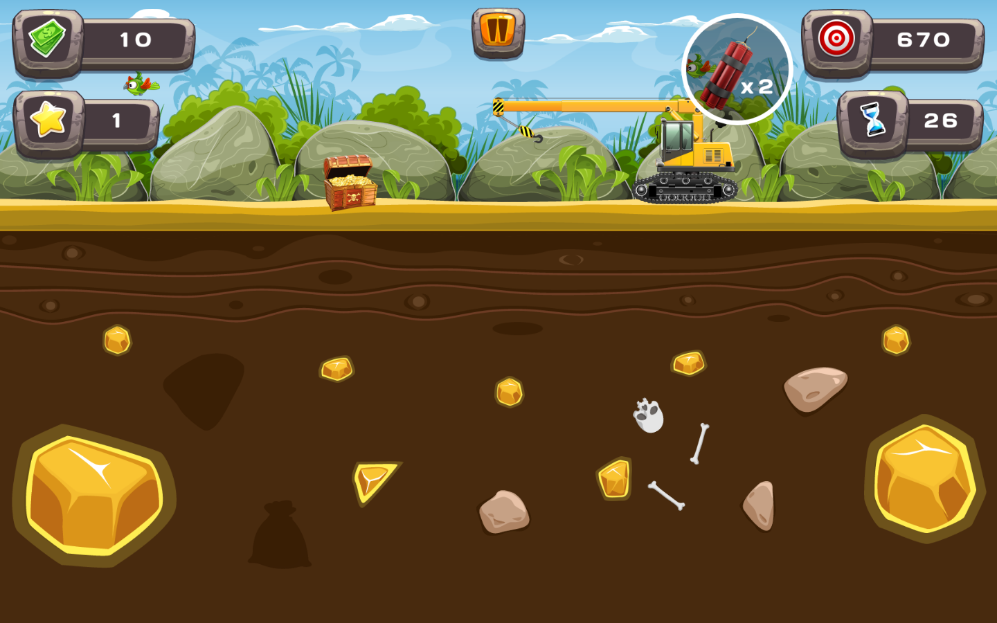 Live browser capture of the MIT-licensed third-party Gold Miner game exported by Construct 2, showing score, level, target, timer, and hook gameplay