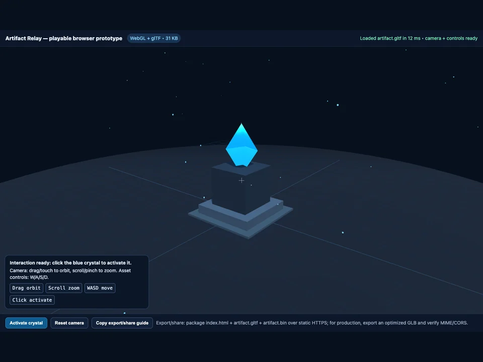 Live WebGL browser prototype with a loaded glTF crystal asset, orbit camera controls, WASD controls, activation control, and export guidance.