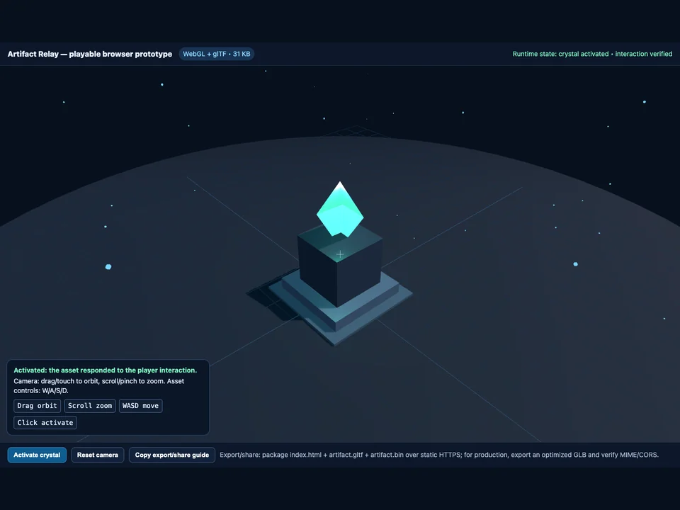 Live browser prototype after camera orbit and crystal activation, demonstrating player controls around the imported 3D asset.