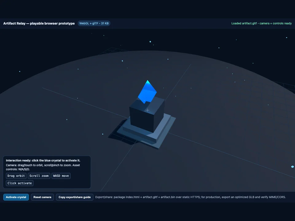 Alternate camera view of the running WebGL scene with the imported crystal asset ready for interaction.