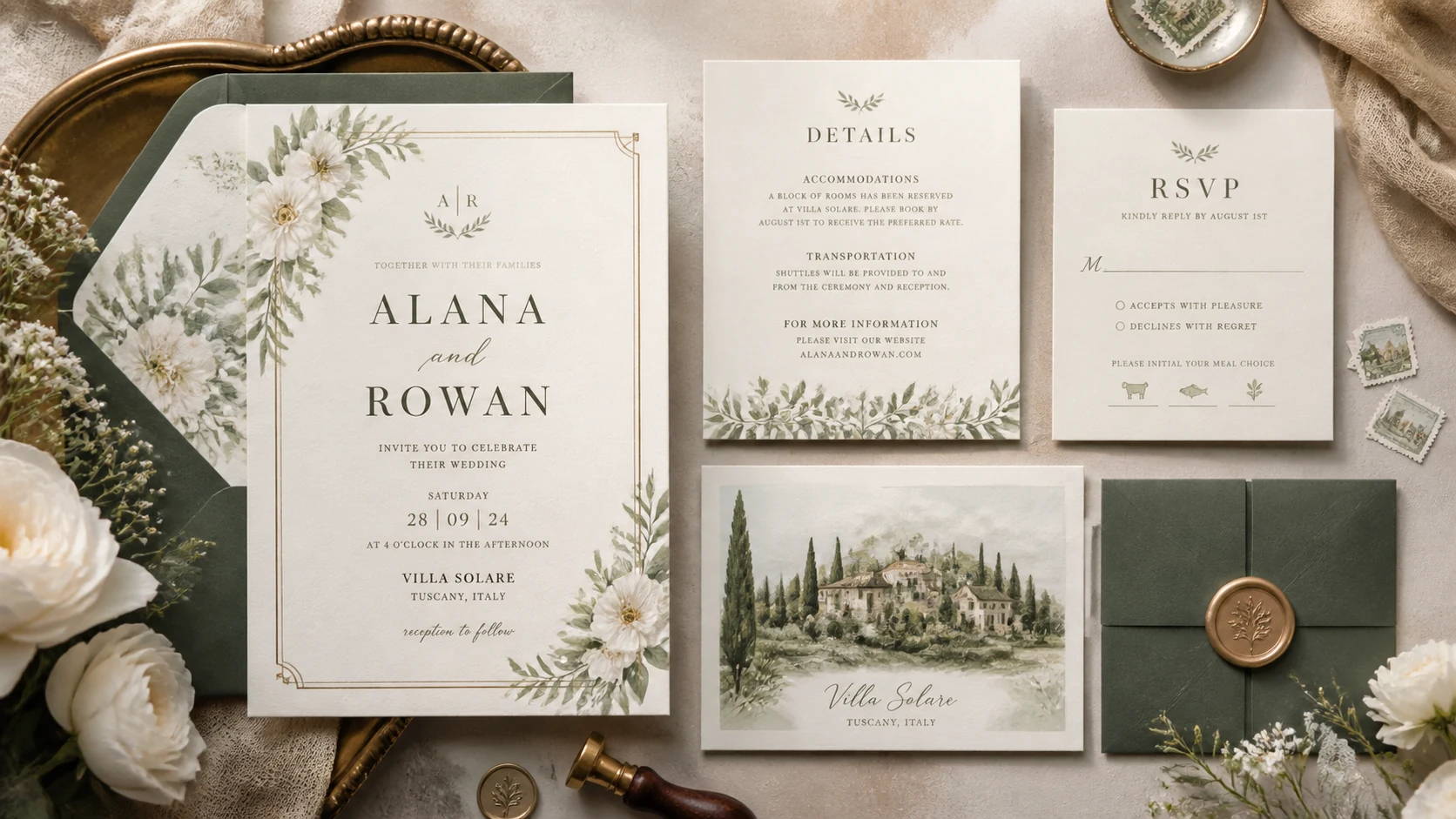 Second variation of elegant wedding invitation suites with personalized typography