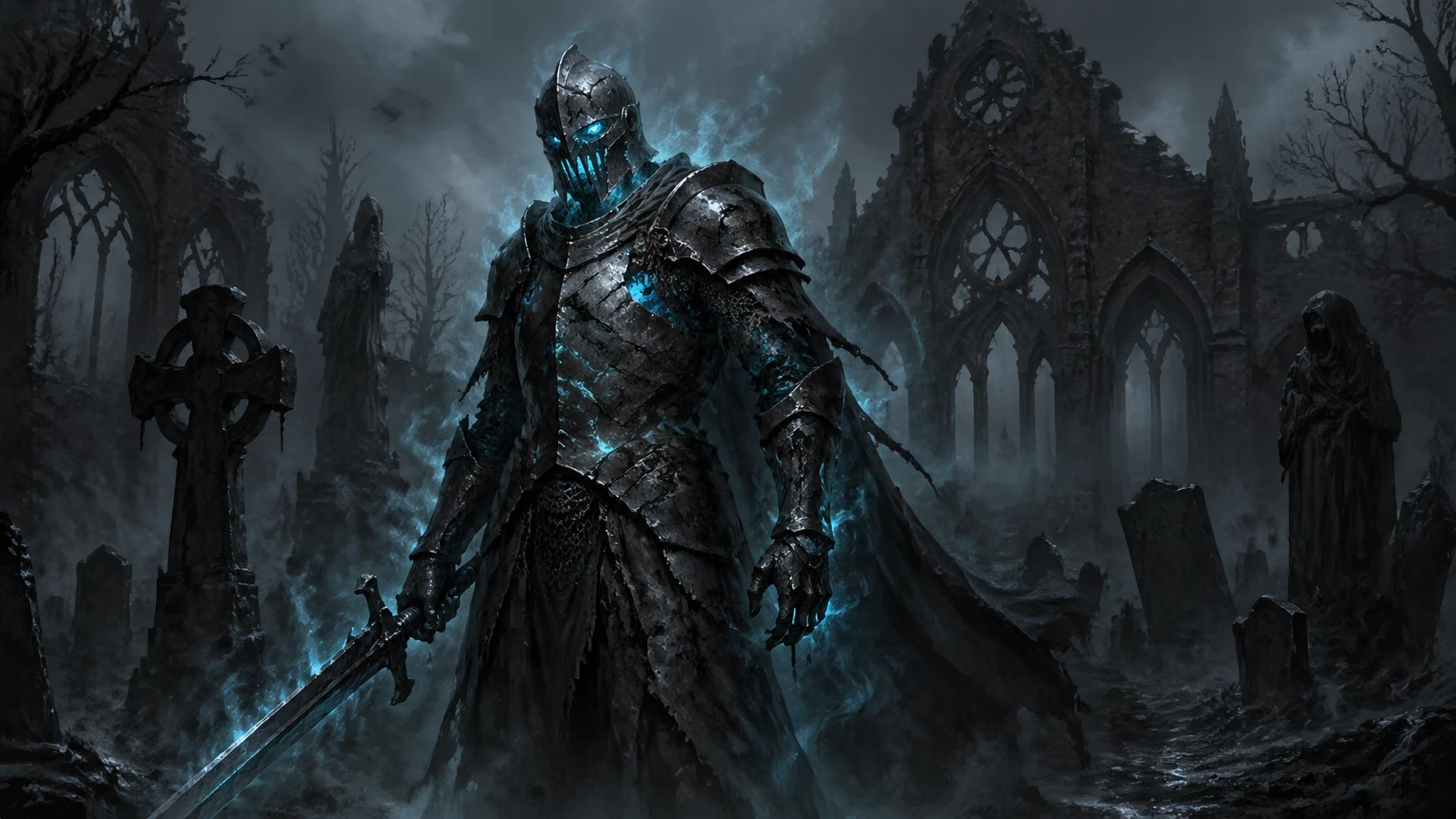 Cursed knight standing in a foggy graveyard