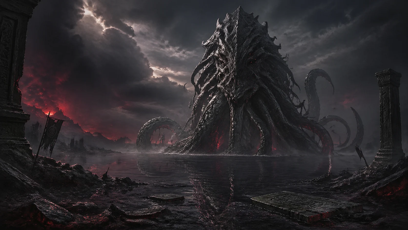 Ancient monster emerging from a black lake