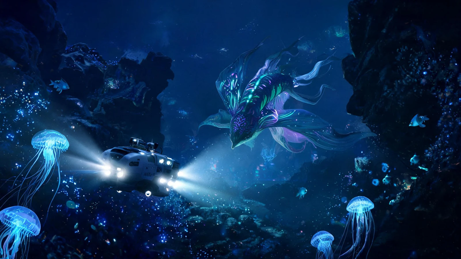 Wide-scene deep sea creature discovery visual with strong foreground and background separation
