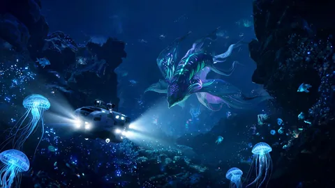 Wide-scene deep sea creature discovery visual with strong foreground and background separation