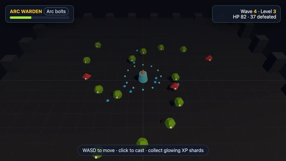Arc Warden testing projectiles, enemy approach, and pickups in a Three.js arena