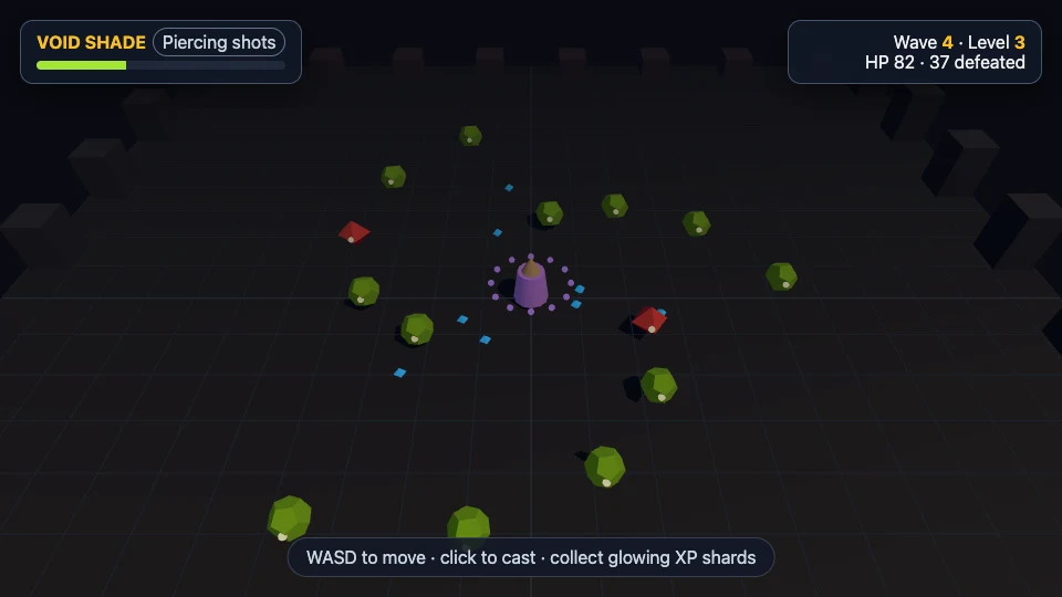 Void Shade hero testing a dense enemy ring in the playable dungeon prototype