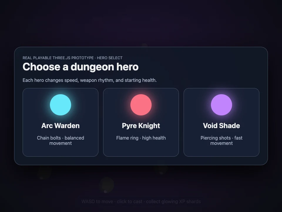 Playable Three.js Dungeon Survivors prototype showing the Arc Warden hero selection screen