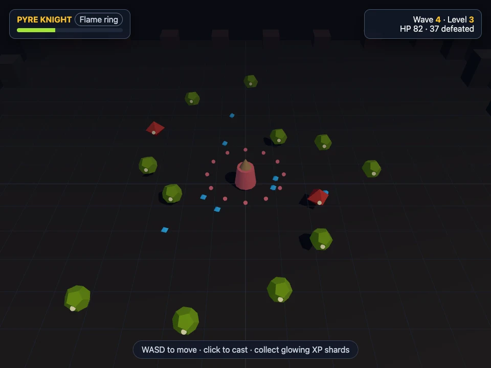 Playable Three.js dungeon arena with Pyre Knight, enemy horde, projectiles, and XP shards