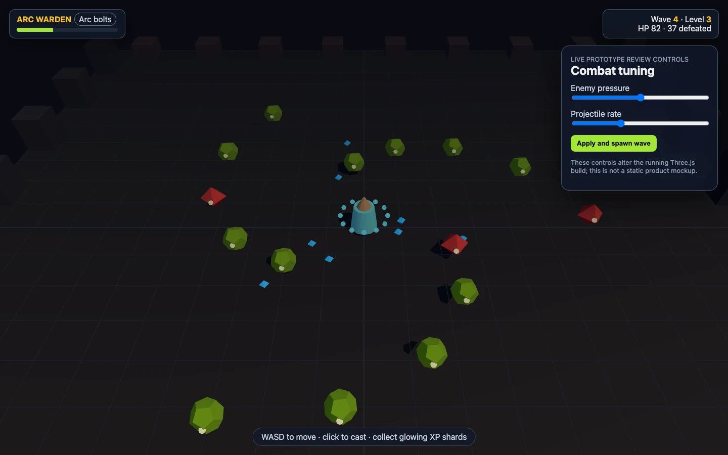 Running Dungeon Survivors Three.js build with live enemy pressure and projectile-rate review controls
