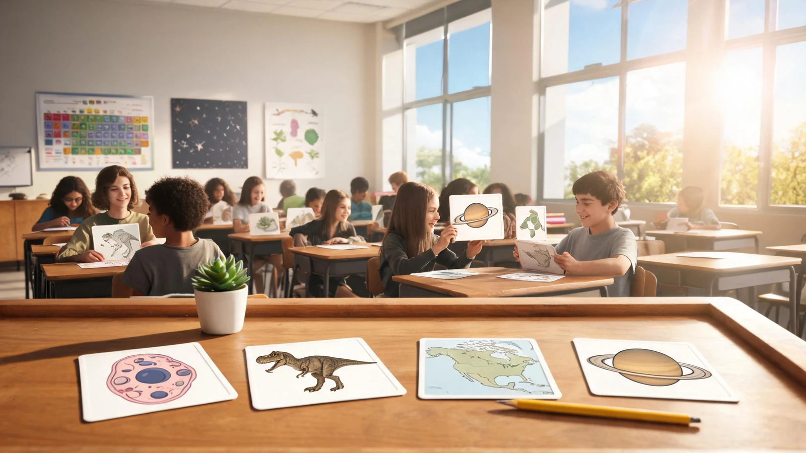 Wide-scene educational flashcard images visual with strong foreground and background separation
