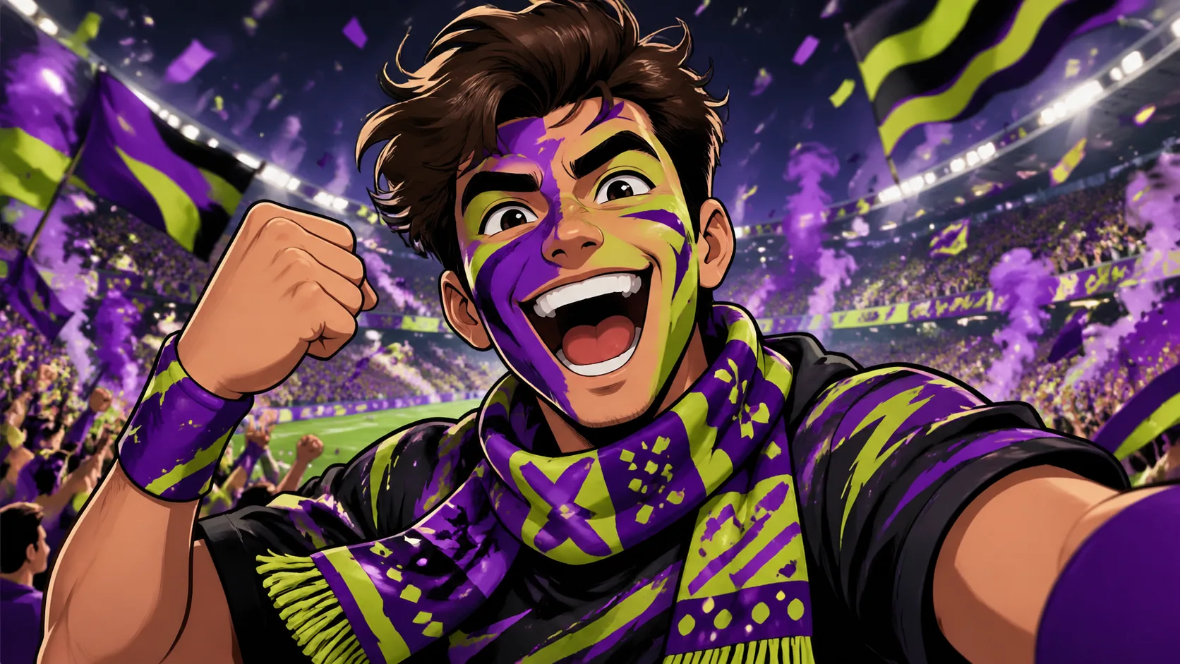 Cartoon soccer fan avatar with face paint in invented colors