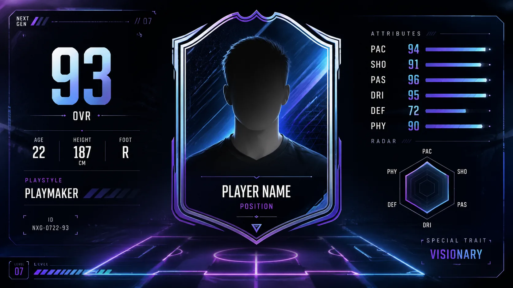 Futuristic soccer trading card template with blank fictional portrait area