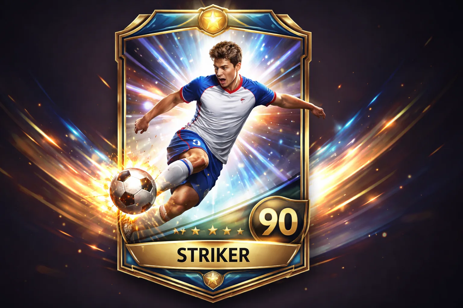 Illustrated football hero card for a made-up striker