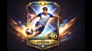 Illustrated football hero card for a made-up striker
