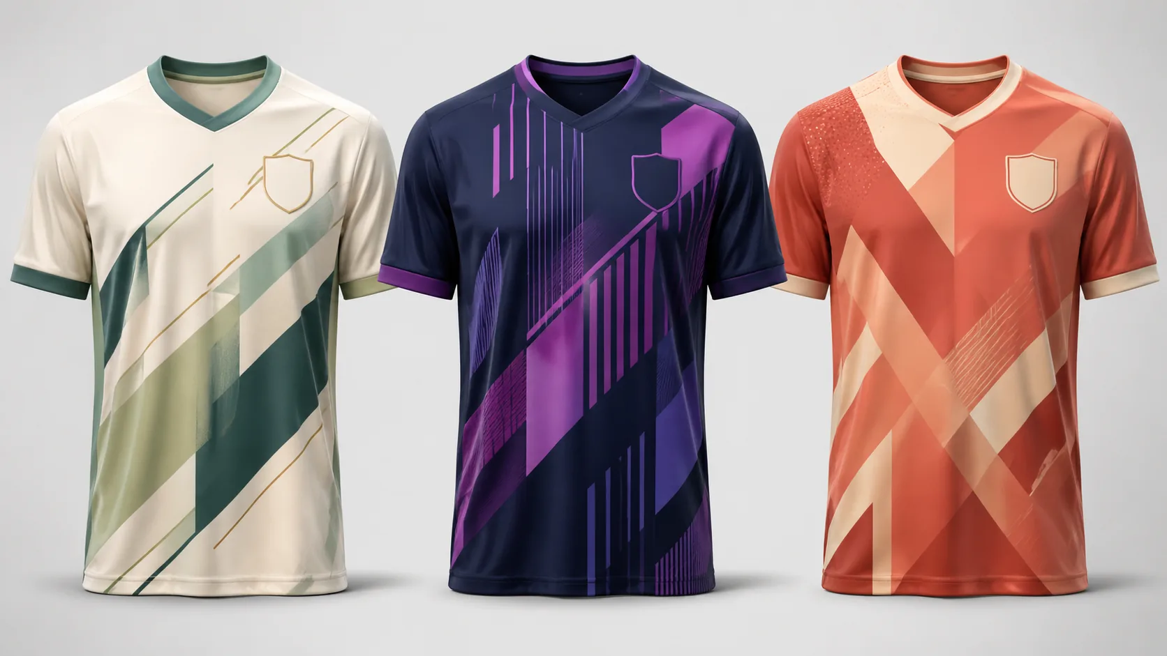 Three unofficial soccer jersey concepts for fictional teams