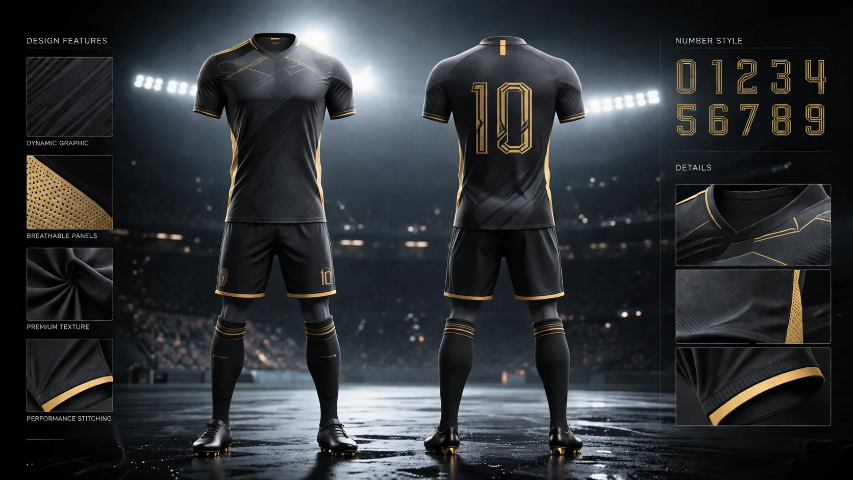 Cinematic football kit design sheet with front and back blank jerseys