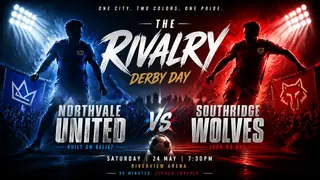 Cinematic soccer derby poster with invented team names