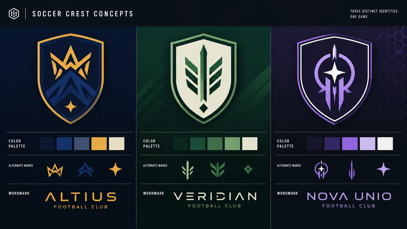 Three original soccer crest concepts for made-up teams