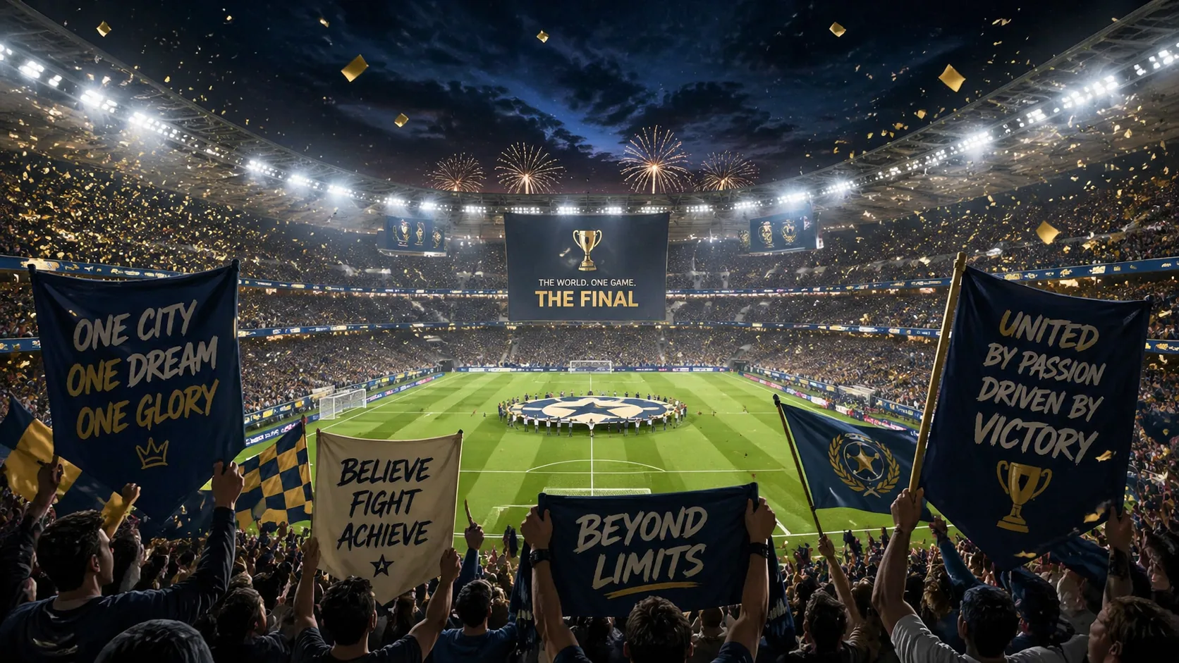 Generic international soccer finals scene with fans holding invented banners