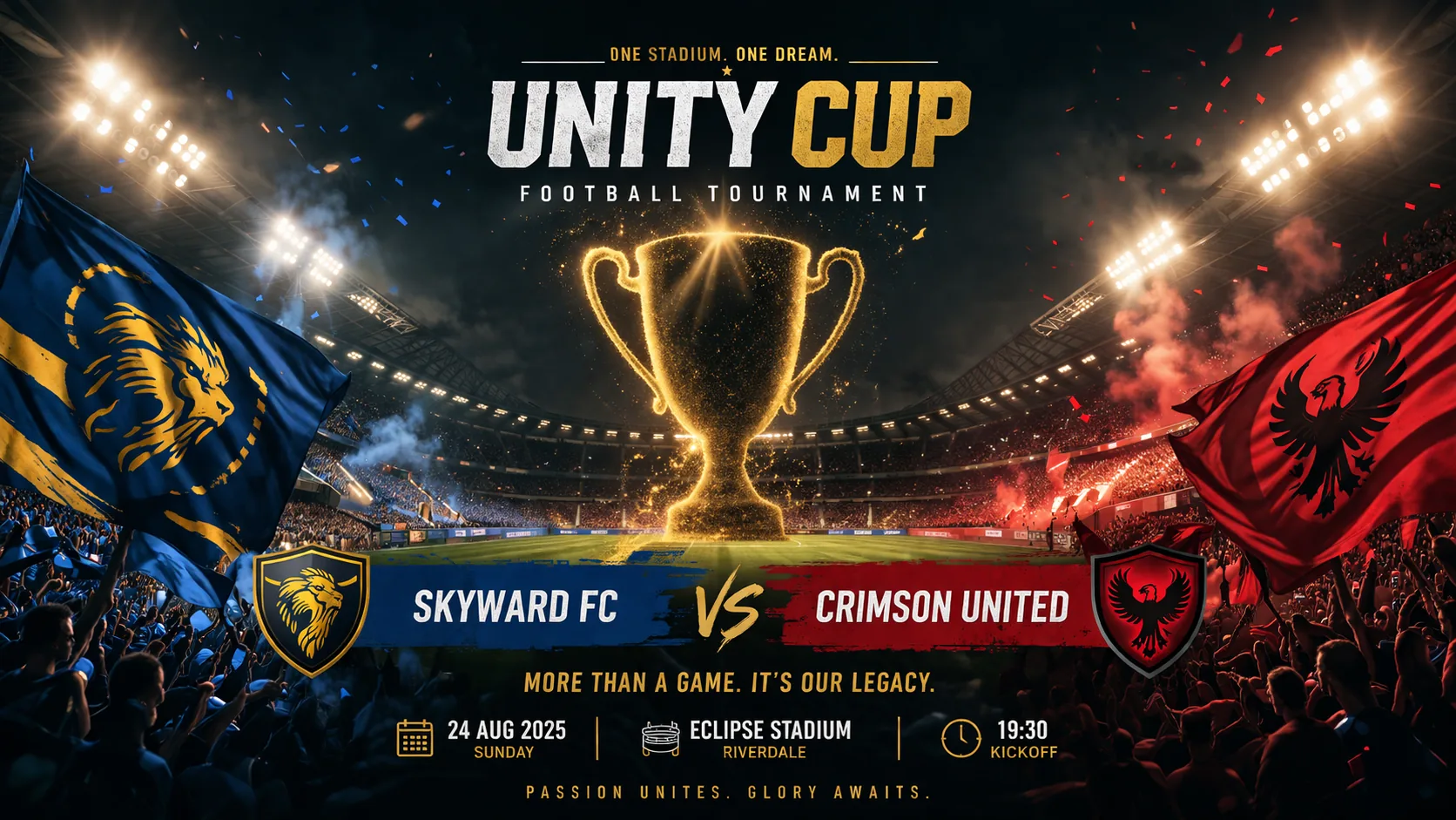 Unofficial football tournament poster scene with a packed night stadium