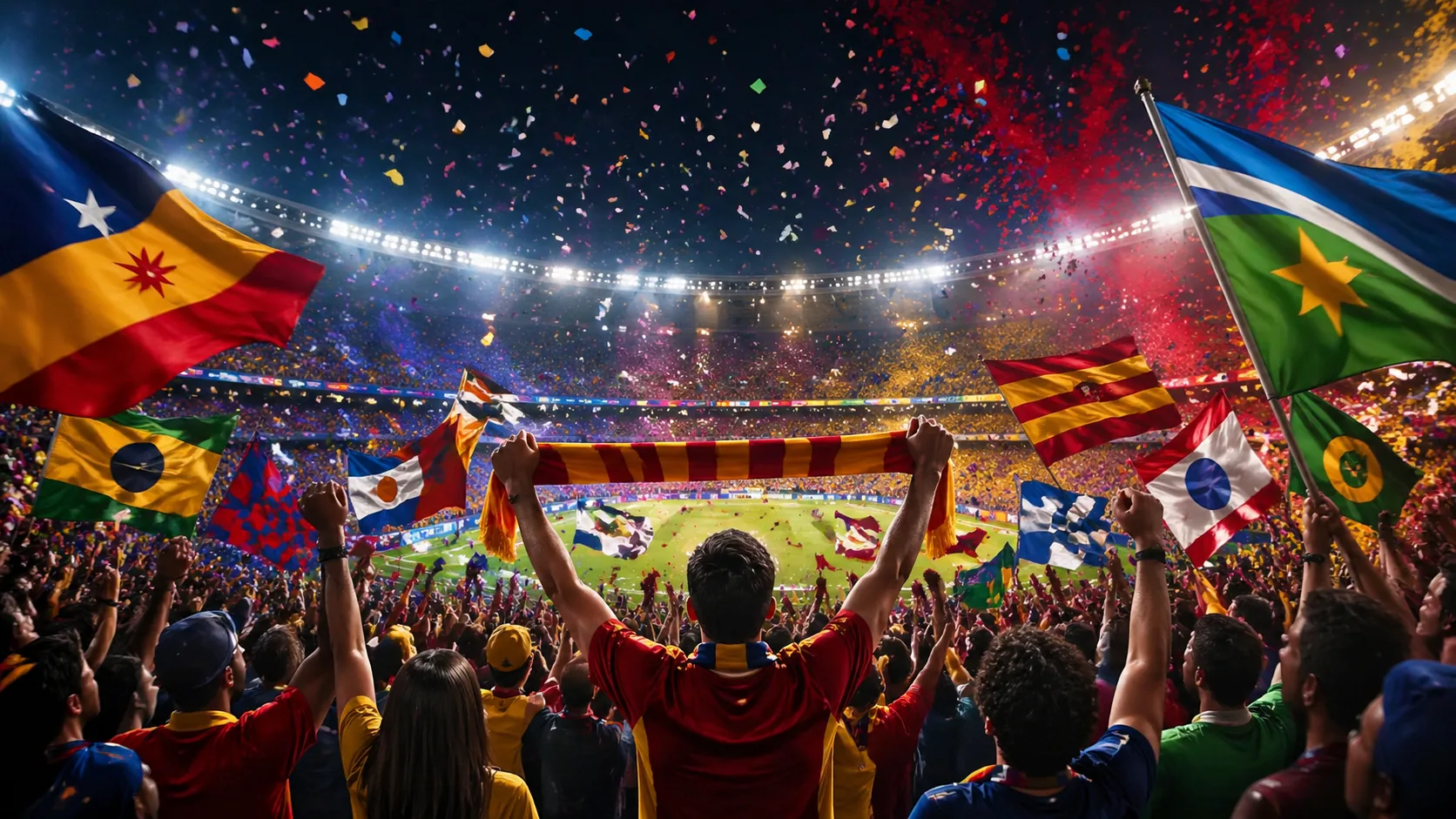 Generic global soccer celebration scene with invented flags